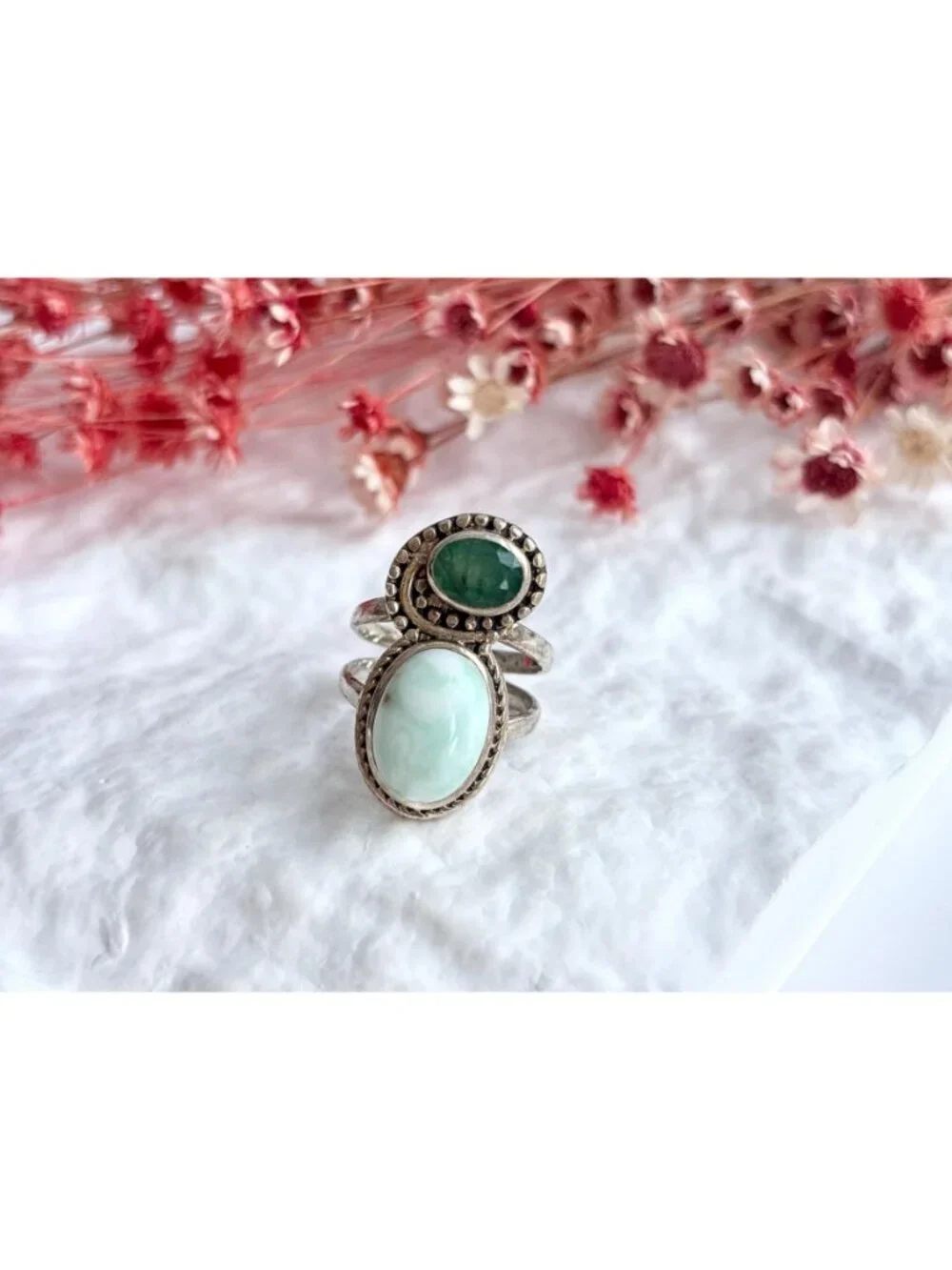 Arya Modernist Larimar & Green Emerald Sterling Silver 925 Vintage Ring - sz 8